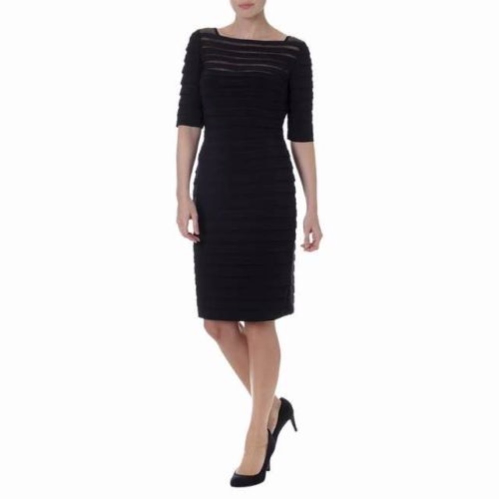 Adrianna Papell Partial Tuck Elbow Sleeve Dress Black Size 2 NWT